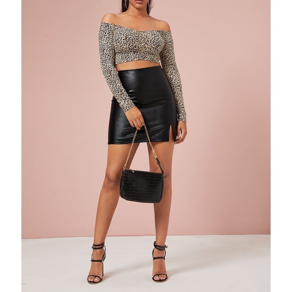 Black Faux Croco Leather Side Split Bodycon Skirt - Picture 3 of 6